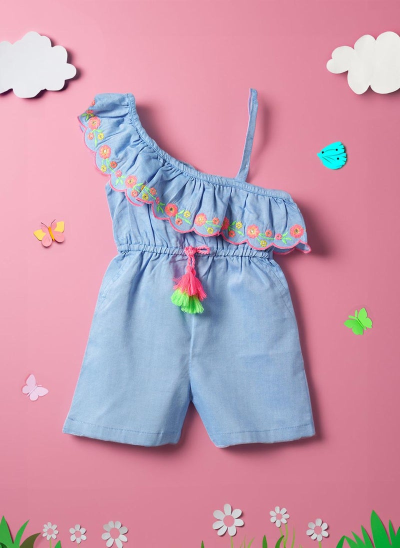 Nautinati Girls' 100% Cotton Floral Embroidered Waist Tie-up One-shoulder Jumpsuit - Image 1